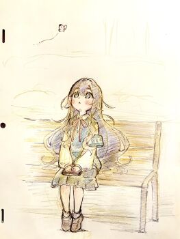 1girl armband bench blue_armband blue_eyes blush book brown_hair brown_shoes bug butterfly collared_shirt commentary full_body graphite_(medium) grey_skirt hair_between_eyes highres insect kimi_no_koto_ga_dai_dai_dai_dai_daisuki_na_100-nin_no_kanojo long_hair long_sleeves looking_at_animal looking_up neck_ribbon ohananomitsu_high_school_uniform on_bench open_mouth red_ribbon ribbon school_uniform shirt shoes simple_background sitting skirt solo traditional_media very_long_hair vest wide-eyed wooden_bench yano_akane yoshimoto_shizuka