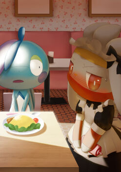 apron black_dress blush bright_pupils chair clothed_pokemon commentary_request dress drizzile embarrassed food gen_8_pokemon headdress highres indoors nintendo no_humans orange_eyes plate pokemon pokemon_(creature) purobe raboot short_sleeves spoon sweatdrop table waitress white_apron white_pupils