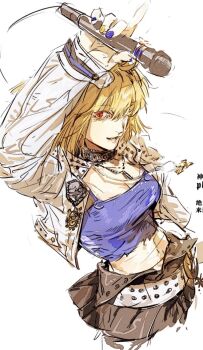 1girl ahoge alternate_costume arcueid_brunestud arm_up belt blonde_hair breasts choker cleavage commentary crop_top from_above gio_dwinter hair_between_eyes highres holding holding_microphone index_finger_raised jacket jewelry leather leather_jacket looking_at_viewer looking_back medium_hair messy_hair microphone midriff miniskirt nail_polish necklace open_clothes open_jacket red_eyes short_hair skirt smile solo solo_focus symbol-only_commentary tsukihime tsukihime_(remake) white_jacket