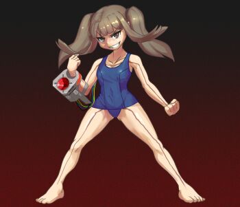 1girl absurdres armpits barefoot black_background blue_one-piece_swimsuit blunt_bangs blush borrowed_character brown_eyes brown_hair cable clenched_hand commentary cyborg eyelashes feet female_focus floating_hair fukouna_shoujo_03 full_body gradient_background grin hairband highres legs long_hair looking_at_viewer machine meme naughty_face old_school_swimsuit one-piece_swimsuit original parody red_background scar school_swimsuit sidelocks smile solo standing swimsuit thighs toes triple-q twintails vvindowsme weapon wire