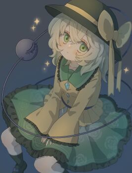 1girl black_hat black_socks blue_background bow collar collarbone crossed_bangs floral_print floral_print_skirt frilled_collar frilled_skirt frilled_sleeves frills green_eyes green_skirt hat hat_bow hat_ribbon highres komeiji_koishi loafers looking_at_viewer print_skirt ribbon rose_print seki_mhsk shirt shoes simple_background sitting skirt sleeves_past_wrists socks solo sparkle touhou wide_sleeves yellow_shirt