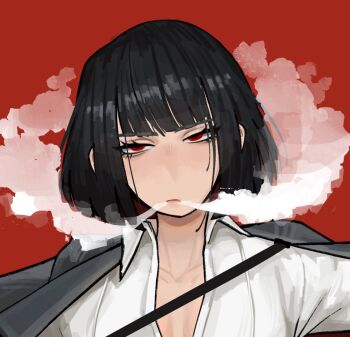 1girl black_hair black_jacket blowing_smoke bob_cut breasts collarbone collared_shirt commentary english_commentary jacket jacket_on_shoulders limbus_company open_mouth project_moon red_background red_eyes ryoshu_(project_moon) shirt short_hair simple_background small_breasts smoke solo tomoart985 white_shirt