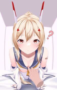 1boy 1girl ? all_fours ayanami_(azur_lane) azur_lane bandaid bandaid_on_shoulder bare_shoulders bent_over blonde_hair blush breasts cleavage clothes_pull curious from_below full_body hair_between_eyes headgear highres indoors koko_sokodoko legs_together long_hair looking_at_viewer neckerchief ponytail pov pulling_another's_clothes red_eyes school_uniform serafuku shirt_pull small_breasts solo_focus staring thighhighs top_pull very_long_hair white_serafuku yellow_neckerchief