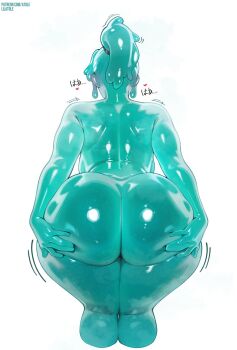 1girl ass ass_focus ass_support bent_over blush colored_skin commentary completely_nude cropped_legs ear_blush ella_slurp english_commentary fortnite from_behind green_skin hands_on_own_ass heart highres lilatole moaning monster_girl motion_lines nude ponytail presenting presenting_ass simple_background slime_girl solo white_background