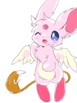 1girl :3 animal_ears blue_eyes blush chibikemo choko_(sweetpocket) commentary_request creature creature_focus feathered_wings forehead_jewel full_body furry furry_female fuwa_(sweetpocket) light_blush looking_at_viewer one_eye_closed open_mouth original pink_fur simple_background sketch smile solo tail white_background wings