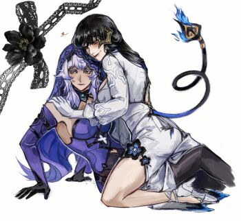 Rule 34 | 2girls, black gloves, black hair, black swan (honkai: star rail), breasts, commentary, demon girl, demon horns, demon tail, detached sleeves, dress, gloves, hashtag-only commentary, high heels, highres, honkai: star rail, honkai (series), horns, laaastik1, large breasts, lipstick mark, lipstick mark on face, long hair, long sleeves, mole, mole under eye, multiple girls, purple dress, purple hair, purple veil, red eyes, shoes, smile, tail, the dahlia (honkai: star rail), veil, white background, white dress, white shoes, yellow eyes, yuri