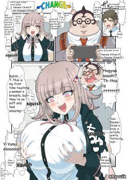 1boy 1girl 2boys :d absurdres ahoge alternate_breast_size_(larger) artist_name black_hair black_shirt blush body_switch breasts brown_hair collared_shirt commentary_request danganronpa:_trigger_happy_havoc danganronpa_(series) danganronpa_2:_goodbye_despair english_text fat fat_man grabbing_own_breast handheld_game_console happy highres hinata_hajime holding holding_handheld_game_console huge_breasts hyouik jacket long_sleeves medium_hair multiple_boys nanami_chiaki neck_ribbon necktie open_clothes open_jacket open_mouth orange_necktie personality_switch pervert pink_eyes pink_ribbon ribbon shirt smile white_shirt yamada_hifumi