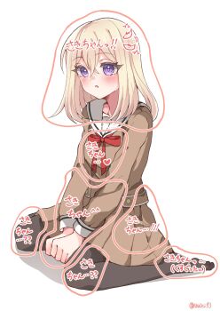 1girl bang_dream! bang_dream!_it&#039;s_mygo!!!!! black_pantyhose blonde_hair blush brown_dress commentary_request dress hair_between_eyes hanasakigawa_school_uniform highres medium_hair misumi_uika neck_ribbon no_shoes open_mouth pantyhose pleated_skirt purple_eyes red_ribbon ribbon rousei sailor_collar school_uniform simple_background sitting skirt solo translation_request wariza white_background white_sailor_collar