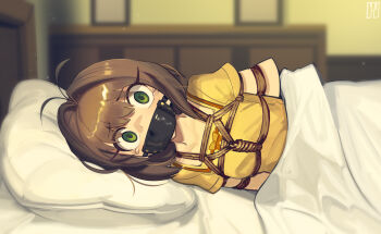 1girl ahoge arms_behind_back bdsm bondage bound bound_breasts bound_torso box_tie breast_bondage breasts brown_hair cad_(caddo) cardcaptor_sakura collarbone crying crying_with_eyes_open female_focus gag gagged green_eyes highres indoors kinomoto_sakura loli long_hair looking_at_viewer lying on_side panel_gag restrained shibari shibari_over_clothes shirt small_breasts solo tears under_covers variant_set yellow_shirt