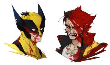 1boy black_facial_hair black_hair blood blood_on_clothes blood_on_face blood_on_teeth brown_jacket chest_hair cowl facial_hair fangs grin hashtag-only_commentary highres jacket male_focus marvel mature_male multiple_views no_pupils official_alternate_costume open_mouth portrait short_hair smile solo specter515021 stubble teeth thick_eyebrows white_background wolverine_(x-men) x-men