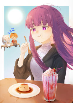 1boy 2girls absurdres closed_eyes closed_mouth commentary dessert dress earrings eating elf euphyqq fern_(sousou_no_frieren) food frieren fruit highres holding holding_spoon ice_cream jacket jewelry long_hair multiple_girls pointy_ears pudding purple_eyes purple_hair red_hair red_jacket short_hair sitting sleeping sousou_no_frieren spoon stark_(sousou_no_frieren) strawberry teardrop_earrings twintails white_dress