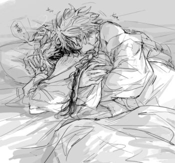 2boys anal bare_shoulders bathrobe bed bed_sheet blanket blush braid braided_ponytail closed_eyes commentary_request greyscale hand_under_clothes hug hug_from_behind implied_sex long_hair lying male_focus monochrome multicolored_hair multiple_boys off_shoulder on_back on_bed on_side open_clothes open_robe pillow robe sex sex_from_behind shade shiguang_dailiren short_hair shoulder_blush single_braid sketch sleeping speech_bubble sweat trembling two-tone_hair tyoookozuki under_covers xia_fei xiao_weiying yaoi