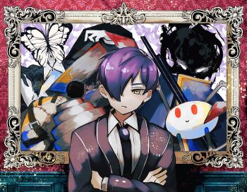 Rule 34 | 1boy, all-around helper, black necktie, blue cloak, border, brooch, bug, butterfly, cloak, closed mouth, coat, collared shirt, crossed arms, der freischuetz (project moon), forsaken murderer, funeral of the dead butterflies, highres, insect, jewelry, library of ruina, long sleeves, looking at viewer, male focus, nakame77, necktie, pink border, project moon, purple coat, purple hair, shirt, short hair, simple background, singing machine, solo, standing, upper body, white shirt, yellow eyes, yesod (project moon)