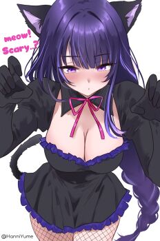 1girl absurdres animal_ears black_dress blush breasts cat_ears cat_tail claw_pose cleavage commentary_request daria_(user_hktv8452) dress english_text fishnet_pantyhose fishnets genshin_impact highres kemonomimi_mode large_breasts long_hair looking_at_viewer pantyhose purple_eyes purple_hair raiden_shogun simple_background solo tail twitter_username very_long_hair white_background