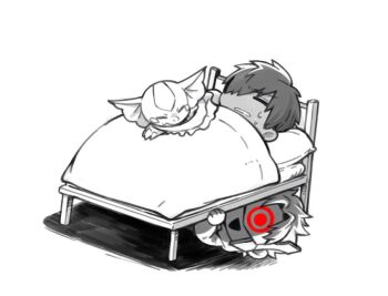 bed claws digimon digimon_(creature) digimon_liberator digua92537359 elizamon looking_at_viewer mask owen_dreadnought short_hair sleeping tail xeno_(digimon)