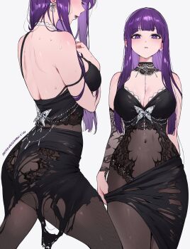 1girl alternate_costume artist_name ass back blush breasts butterfly_ornament dress fern fern_(sousou_no_frieren) goth_fashion grey_background large_breasts lipstick long_hair makeup navel navel_visible_through_clothes purple_eyes purple_hair qiandaiyiyu see-through_clothes see-through_legwear sousou_no_frieren sweat torn_clothes