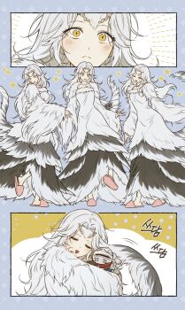 Rule 34 | 1girl, 1other, :<, :d, :o, absurdres, black fur, chibi, chosen undead, closed eyes, commentary request, dark souls (series), dark souls i, dragon horns, helmet, highres, horns, hug, korean commentary, long hair, multiple views, open mouth, pink slippers, priscilla the crossbreed, rakita, red scarf, scarf, slippers, smile, standing, standing on one leg, tail, white fur, white hair, yellow eyes