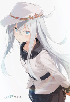 1girl absurdres arm_behind_back black_sailor_collar black_skirt blue_eyes closed_mouth commentary crossed_bangs flat_cap grey_hair hair_between_eyes hammer_and_sickle hat hibiki_(kancolle) highres jacket kantai_collection koshka_pic long_hair long_sleeves looking_at_viewer sailor_collar simple_background skirt solo star_(symbol) twitter_username verniy_(kancolle) very_long_hair white_hat white_jacket