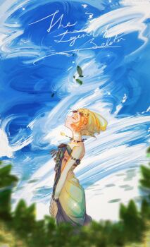 1girl armlet bare_shoulders blonde_hair blurry blurry_foreground bracelet braid breasts circlet closed_eyes copyright_name cowboy_shot crown_braid dress earrings falling_leaves hashtag-only_commentary highres jewelry leaf long_dress magatama magatama_necklace medium_breasts necklace nintendo parted_bangs pendant_choker pointy_ears short_hair sidelocks smile solo strapless strapless_dress the_legend_of_zelda the_legend_of_zelda:_tears_of_the_kingdom tica_tiforzelda white_dress