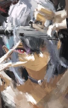 1girl absurdres black_choker black_hair blue_archive bow bright_pupils choker ear_piercing gun h&amp;k_p30 hand_up handgun highres hira15623 holding holding_gun holding_weapon kayoko_(blue_archive) kayoko_(dress)_(blue_archive) looking_at_viewer multicolored_hair official_alternate_costume piercing portrait red_eyes solo weapon white_hair white_pupils