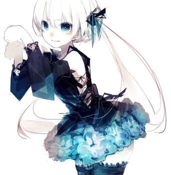 1girl blue_dress blue_eyes blue_thighhighs bow closed_mouth commentary_request detached_sleeves dress dynamic_pose floral_dress frilled_dress frills hair_bow hair_ribbon highres long_hair looking_at_viewer original paw_pose ribbon riuichi solo thighhighs upper_body white_hair
