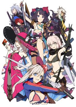 3boys 4girls ahoge american_flag american_flag_bikini american_flag_print armlet asymmetrical_gloves asymmetrical_hair baseball_cap beads between_fingers bikini black_bikini black_bow black_gloves black_scarf black_shirt blonde_hair blue_jacket blush bow bracelet breasts brown_gloves bun_cover card carmilla_(fate) carmilla_(swimsuit_rider)_(first_ascension)_(fate) cleavage closed_eyes collared_shirt curly_hair dark-skinned_male dark_skin dress dress_shirt elbow_gloves fate/apocrypha fate/grand_order fate_(series) fingerless_gloves flag_print flag_print_bikini floral_print fuuma_kotarou_(fate) fuuma_kotarou_(shinobi_attire_for_summer_enjoyment)_(fate) gloves goggles goggles_on_head grey_eyes grey_vest gunblade hair_between_eyes hair_bow hair_bun hair_over_eyes half_updo hand_on_own_hip hat highleg highleg_bikini highres holding hood hooded_vest hoodie jacket jewelry katana katsushika_hokusai_(fate) katsushika_hokusai_(swimsuit_saber)_(fate) large_breasts long_hair long_sleeves looking_at_viewer merlin_(camelot_&amp;_co)_(fate) merlin_(fate) miyamoto_musashi_(fate) miyamoto_musashi_(fate/grand_order) miyamoto_musashi_(swimsuit_berserker)_(fate) miyamoto_musashi_(swimsuit_berserker)_(second_ascension)_(fate) multi-strapped_bikini multiple_boys multiple_girls multiple_swords navel obi octopus okita_j._souji_(fate) okita_j._souji_(first_ascension)_(fate) okita_souji_(fate) okita_souji_(koha-ace) open_mouth pink_dress pink_headwear print_bikini purple_eyes purple_hair purple_scarf red_hair sash scarf shirt short_hair short_hair_with_long_locks shrug_(clothing) side_bun siegfried_(fate) siegfried_(super_cool_biz)_(fate) simple_background single_glove single_hair_bun single_side_bun small_breasts smile sun_hat swept_bangs swimsuit sword thigh_strap toto-sama_(fate) uneven_gloves v vest wada_arco weapon white_background white_bikini white_hair yellow_eyes