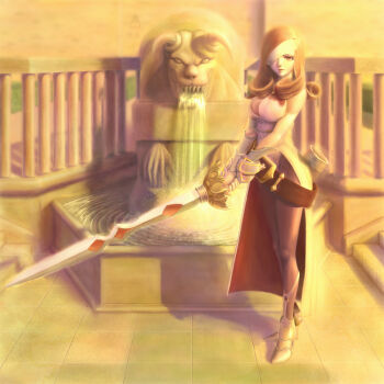 00s 1girl beatrix belt breasts brown_eyes brown_hair buttons cleavage eyepatch female_focus final_fantasy final_fantasy_ix gloves long_hair pantyhose save_the_queen solo sword teru_(tisphone) weapon