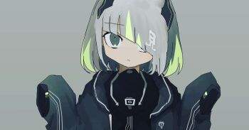 1girl black_jacket closed_mouth commentary_request green_eyes grey_background grey_hair hair_over_one_eye hands_up highres hood hooded_jacket hoodie jacket long_sleeves looking_at_viewer medium_hair multicolored_hair nukunuku_nigirimeshi one_eye_covered open_clothes open_jacket original short_hair simple_background sleeves_past_fingers sleeves_past_wrists solo upper_body white_hair