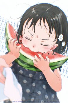 1girl 1other black_dress black_hair blush closed_eyes closed_mouth commentary_request dress eating fingernails food fruit gomennasai hands_up holding holding_food holding_towel original out_of_frame polka_dot polka_dot_dress text_background towel translation_request v-shaped_eyebrows watermark watermelon watermelon_slice