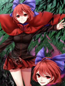1girl absurdres aura bad_id bad_pixiv_id black_shirt blurry bow breasts cape dark_aura depth_of_field female_focus floating_head floral_background hair_bow highres hitodama miniskirt open_mouth outstretched_arm pleated_skirt red_cape red_eyes red_hair red_skirt ribbon-trimmed_bow ribbon-trimmed_headwear ribbon_trim sekibanki sheya shirt short_hair skirt smile smirk solo thighs touhou willow