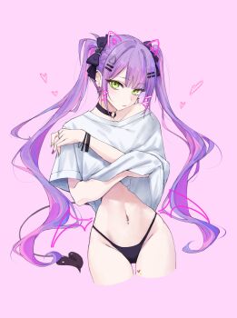 1girl black_choker black_panties bracelet choker colored_inner_hair cross cross_earrings demon_girl demon_tail double-parted_bangs ear_piercing earrings feint721 green_eyes green_nails hair_ornament hairclip heart heart_tattoo highres hololive jewelry long_hair looking_at_viewer multicolored_hair nail_polish navel navel_piercing no_pants o-ring o-ring_choker panties parallel_hairclips piercing pink_hair purple_hair purple_nails shirt sidelocks simple_background solo streaked_hair tail tattoo tokoyami_towa twintails underwear very_long_hair virtual_youtuber white_background white_shirt