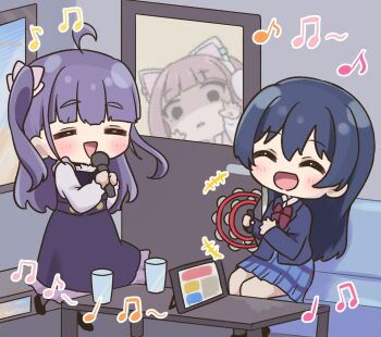Rule 34 | +++, 3girls, :d, = =, ^ ^, ahoge, animal ear headphones, animal ears, beamed eighth notes, blazer, blue hair, blue jacket, blue skirt, blunt bangs, bow, bowtie, brown hair, cat ear headphones, cat ears, chibi, chibi only, chofu noriko, closed eyes, commentary request, cowboy shot, cup, diagonal-striped bow, diagonal-striped bowtie, diagonal-striped clothes, dress, drinking glass, eighth note, fake animal ears, grey shirt, headphones, highres, holding, holding microphone, ikizulive! love live! bluebird, in-franchise crossover, instrument, jacket, karaoke, karaoke box, long hair, long sleeves, love live!, love live! school idol project, microphone, miniskirt, multiple girls, music, musical note, open mouth, otonokizaka school uniform, pinafore dress, plaid clothes, plaid skirt, playing instrument, pleated skirt, purple dress, purple hair, quarter note, red bow, red bowtie, ritaso, sasaki shion, school uniform, shaded face, shirt, sidelocks, singing, sitting, skirt, sleeveless, sleeveless dress, smile, sonoda umi, striped bow, striped bowtie, striped clothes, tablet pc, tambourine, time paradox, two side up, white shirt, winter uniform