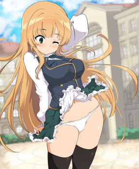 absurdres anne_(shingeki_no_bahamut) breasts clothes_lift flashing green_eyes green_skirt highres large_breasts long_hair momio orange_hair panties school_uniform skirt skirt_lift thighhighs underwear upskirt white_panties wind wind_lift