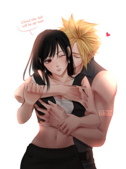 1boy 1girl absurdres artist_name azezazel bare_arms bare_shoulders black_hair black_vest blonde_hair blush breasts cleavage closed_eyes cloud_strife collarbone commentary couple crop_top earrings english_commentary english_text engrish_text final_fantasy final_fantasy_vii final_fantasy_vii:_advent_children heart height_difference hetero highres hug hug_from_behind jewelry leaning_forward lipgloss lips long_hair looking_at_another midriff navel one_eye_closed parted_lips pink_lips ranguage red_eyes shirt signature simple_background sleeveless sleeveless_shirt spiked_hair straight-on tank_top teardrop_earrings tifa_lockhart twitter_username upper_body vest white_background white_tank_top