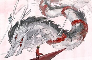 2others akmisss00 antler_ring antlers barbell black_hair black_pants black_shirt burning cliff clock coat colored_sclera dante_(limbus_company) dragon eastern_dragon hands_in_pockets highres hong_lu_(project_moon) horns limbus_company looking_at_another multiple_others open_mouth pants project_moon prosthetic_head red_coat red_ribbon red_sclera ribbon scarf sharp_teeth shirt size_difference standing tears_of_the_tarnished_blood_(e.g.o) teeth white_eyes white_scarf yinglong_(project_moon)