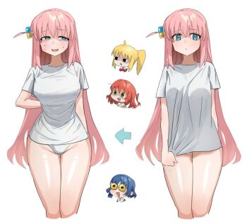 4girls ahoge arms_behind_back arrow_(symbol) blonde_hair blue_eyes blue_hair bocchi_the_rock! closed_mouth cropped_legs cube_hair_ornament gotoh_hitori green_eyes hair_ornament half-closed_eyes iisan_(zvemsv420vuqzzb) ijichi_nijika kita_ikuyo long_hair mole mole_under_eye multiple_girls open_mouth pajamas pajamas_challenge pajamas_challenge_(meme) pajamas_pull panties pink_hair red_hair shirt shirt_tug short_sleeves side_ponytail simple_background underwear white_background white_panties white_shirt yamada_ryo