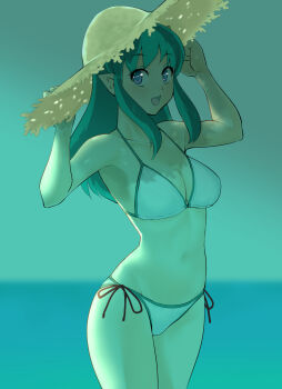 1girl absurdres bikini breasts cellphone cowboy_shot green_hair hat highres horizon long_hair looking_at_viewer lum medium_breasts nanao_futaba ocean phone pointy_ears side-tie_bikini_bottom smile straw_hat swimsuit urusei_yatsura white_bikini