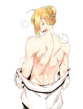 1girl absurdres ahoge artoria_pendragon_(fate) back bare_shoulders blonde_hair braid braided_bun fate/grand_order fate_(series) hair_bun hickey highres long_sleeves medium_hair minew off_shoulder saber_(fate) shirt sidelocks solo white_shirt