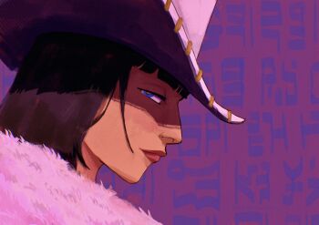 1girl black_hair blunt_bangs close-up closed_mouth coat commentary cowboy_hat english_commentary fur-trimmed_coat fur_trim hat highres looking_at_viewer makesyouevil medium_hair nico_robin one_piece poneglyph profile red_lips solo white_hat