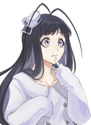 Rule 34 | 1boy, antenna hair, bags under eyes, black hair, bleach, bleach: sennen kessen-hen, blue eyes, blunt bangs, closed mouth, collarbone, commentary request, finger to mouth, giselle gewelle, hair over shoulder, hand up, hat, highres, index finger raised, long hair, looking afar, mini hat, raised eyebrows, shirt, simple background, sleeves past wrists, solo, straight hair, sumire 1046, thinking, trap, upper body, very long hair, white background, white hat, white shirt, wide-eyed