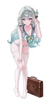 1girl adapted_costume aqua_hair bag breasts cleavage closed_mouth commentary dalmyang firefly_(honkai:_star_rail) firefly_(spring_missive)_(honkai:_star_rail) full_body gradient_hair grey_hair hair_ornament hand_on_own_knee hand_up highres honkai:_star_rail honkai_(series) leaning_forward multicolored_eyes multicolored_hair navel no_shoes panties sailor_collar school_bag shirt simple_background sleeveless smile solo stomach thighhighs underwear v white_background white_panties white_shirt white_thighhighs