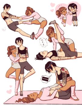 2girls arm_tattoo bev_johnson black_hair black_sports_bra blush brown_hair censored_thought closed_eyes commentary dark-skinned_female dark_skin english_commentary grey_shorts hand_on_another&#039;s_waist heart highres interlocked_venus_symbols leg_warmers multiple_girls original pink_leg_warmers pink_shirt ponytail shirt short_hair shorts smile sports_bra stretching sweat tattoo venus_symbol white_background white_shorts yoga yuri
