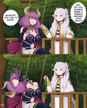 2girls absurdres aura_(sousou_no_frieren) blue_eyes blue_gloves blue_thighhighs braid breasts capelet cleavage clothing_cutout commentary demon_girl demon_horns dismaiden earrings elbow_gloves elf english_commentary english_text frieren gloves gold_necklace green_eyes grey_hair highres horns jewelry large_breasts long_hair low-braided_long_hair low-tied_long_hair multiple_girls navel navel_cutout necklace on_swing pointy_ears purple_hair quad_braids shirt skirt sousou_no_frieren speech_bubble striped_clothes striped_shirt swing teardrop_earrings thighhighs twintails white_capelet white_skirt