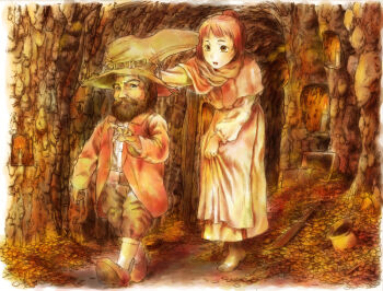 Rule 34 | 1boy, 1girl, adjusting clothes, adjusting headwear, beard, belt, boots, candle, cave, coin, dress, dwarf, facial hair, hat, jacket, note (wakuraba), original, pectorals, red hair, scarf, sword, treasure chest, wardrobe error, weapon