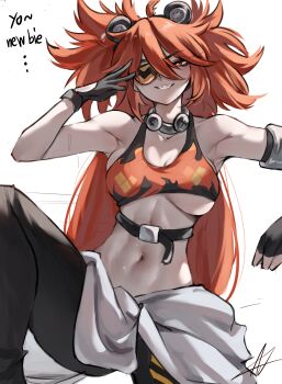 1girl absurdres ahoge amtv8428 animal_ears bare_shoulders bear_ears black_gloves breasts crop_top eyepatch fake_animal_ears fingerless_gloves gloves hair_between_eyes hair_ornament highres koleda_belobog long_hair looking_at_viewer navel original pants red_eyes red_hair solo sphere_hair_ornament twintails zenless_zone_zero