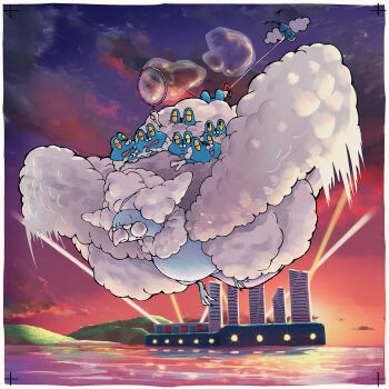 Rule 34 | altaria, black eyes, border, bubble, bubble wand, character kite, closed mouth, cloud, commentary request, froakie, gen 3 pokemon, gen 6 pokemon, highres, holding, how long, kite, kite flying, mega altaria, mega pokemon, nintendo, no humans, outdoors, pokemon, pokemon (creature), revision, riding, riding pokemon, sky, swablu, sweatdrop, twilight, water, white border