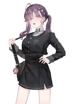 Rule 34 | 1girl, ahoge, bag, black bag, black jacket, black skirt, blue eyes, braid, butterfly hair ornament, character charm, charm (object), collared shirt, commentary request, cowboy shot, cropped jacket, gakuen idolmaster, gokugetsu academy school uniform, hair ornament, hanami saki, hand on own hip, high-waist skirt, holding strap, idolmaster, jacket, kaya rinha, kotowaza, long hair, long sleeves, looking at viewer, miniskirt, mole, mole on neck, open mouth, purple hair, school uniform, shirt, shoulder bag, side braid, simple background, skirt, solo, twintails, white background, white shirt