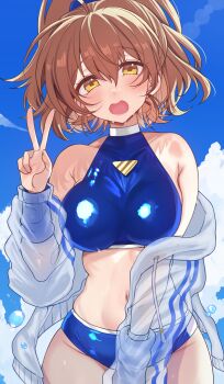 1girl arle_nadja armband bare_shoulders blue_armband blue_scrunchie breasts brown_eyes brown_hair commentary commentary_request eta_24 highres madou_monogatari medium_breasts navel open_mouth ponytail puyopuyo scrunchie see-through_clothes solo sports_bikini sweater swimsuit swimsuit_under_clothes v white_sweater