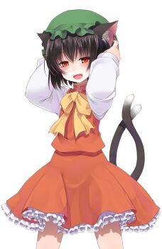 Rule 34 | 1girl, :d, animal ear fluff, animal ears, arms behind head, arms up, blush, bow, brown hair, cat ears, cat girl, cat tail, chen, commentary request, cowboy shot, crote, frilled skirt, frills, green hat, half-closed eyes, hat, highres, large variant set, legs apart, long sleeves, looking at viewer, mob cap, multiple tails, nekomata, open mouth, petticoat, raised eyebrows, red eyes, red skirt, red vest, shirt, short hair, skirt, sleeve cuffs, sleeves past wrists, smile, standing, tachi-e, tail, teeth, touhou, transparent background, two tails, upper teeth only, variant set, vest, white shirt, yellow bow