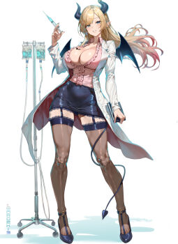 1girl :d black_horns black_shoes black_skirt black_thighhighs blonde_hair breast_tattoo breasts center_frills cleavage coat commentary demon_girl demon_horns demon_tail demon_wings english_commentary floating_hair frilled_shirt frills garter_straps gradient_hair green_eyes grin hair_ribbon highres holding holding_notebook holding_syringe hololive horn_ornament horn_ring horns intravenous_drip lab_coat lace lace-trimmed_skirt lace-trimmed_thighhighs lace_trim large_breasts long_hair looking_at_viewer maro2ki3 miniskirt multicolored_hair notebook open_clothes open_coat open_mouth pencil_skirt pink_hair pink_shirt pointy_ears ribbon shadow shirt shoes simple_background skirt smile solo strappy_heels swept_bangs syringe tail tail_around_own_leg tattoo thighhighs tress_ribbon two-sided_coat two-sided_fabric virtual_youtuber white_background white_coat winged_heart winged_heart_tattoo wings yuzuki_choco yuzuki_choco_(1st_costume)